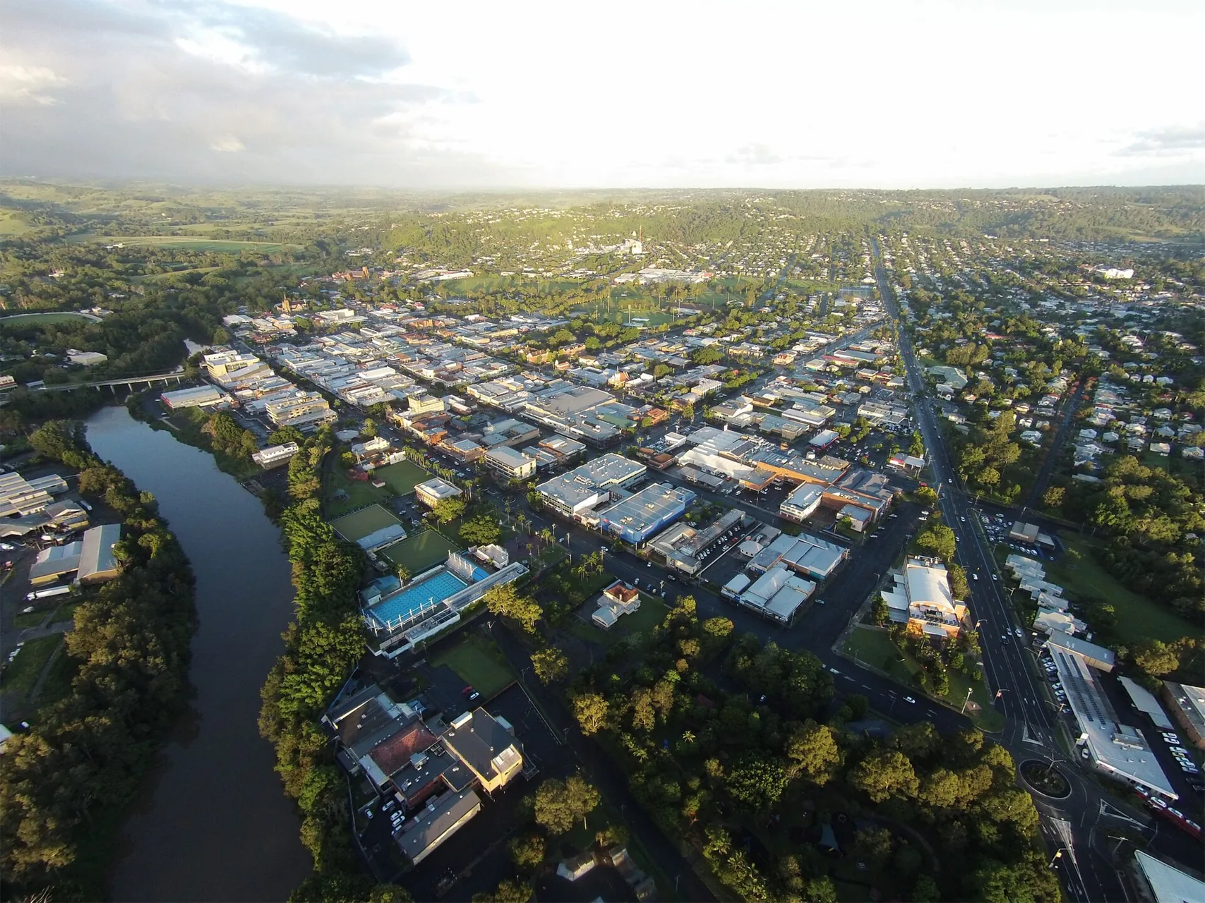 Lismore NSW Australia Aerial View from helicopter, overlooking the Bruxner Highway and Lismore CBD