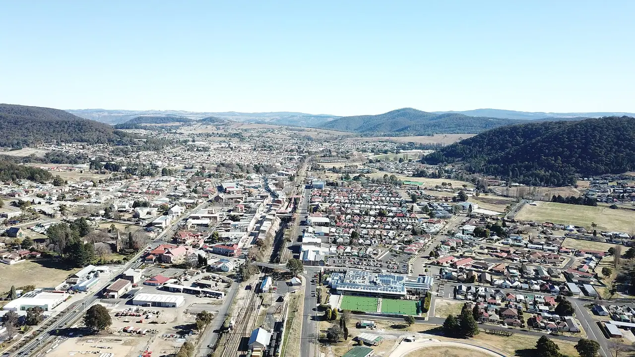 Aerial view of Lithgow NSW, looking west. June 2018.