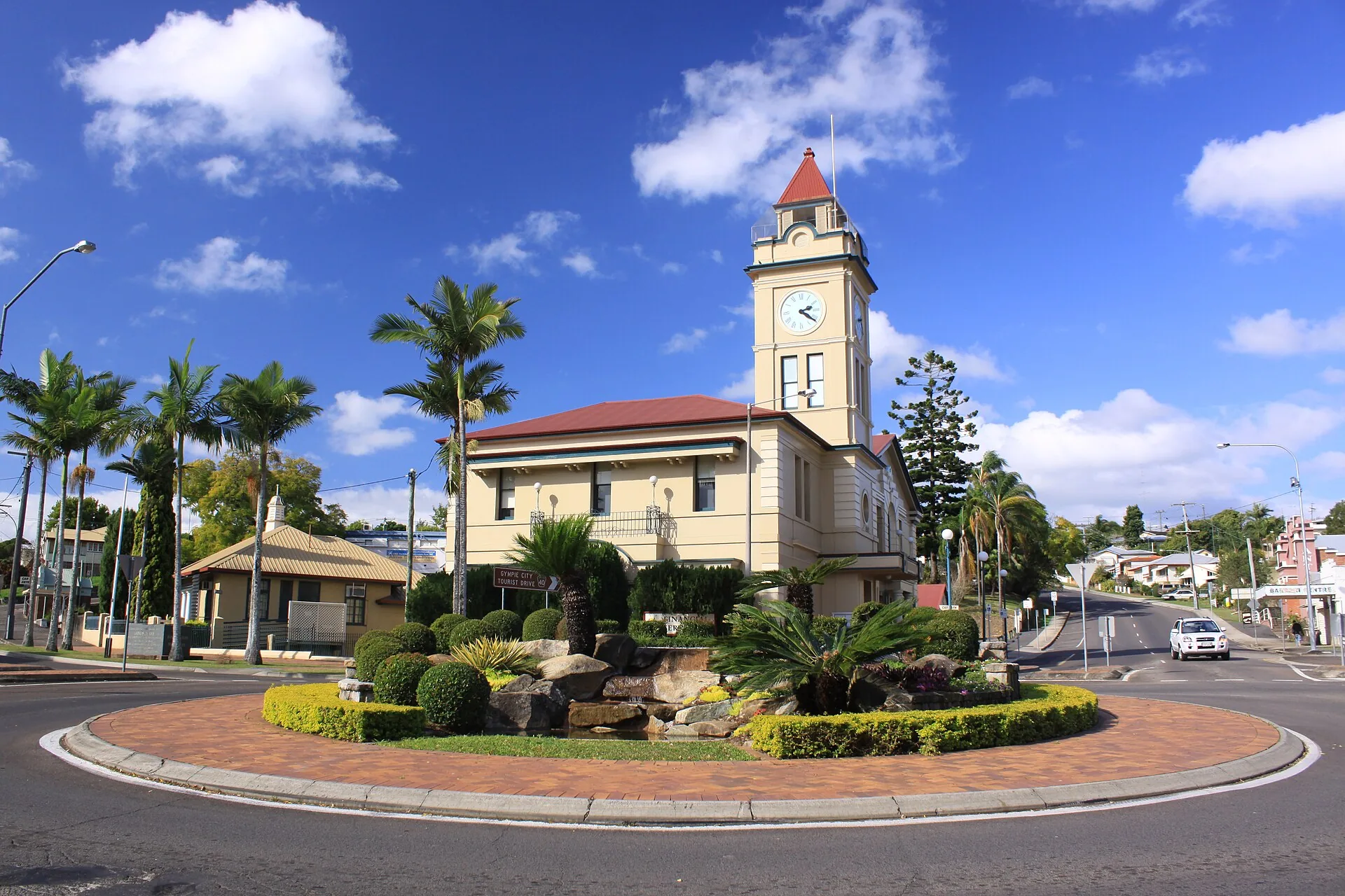 Gympie Town Hall seen from Mary Street across the Five Ways roundabout