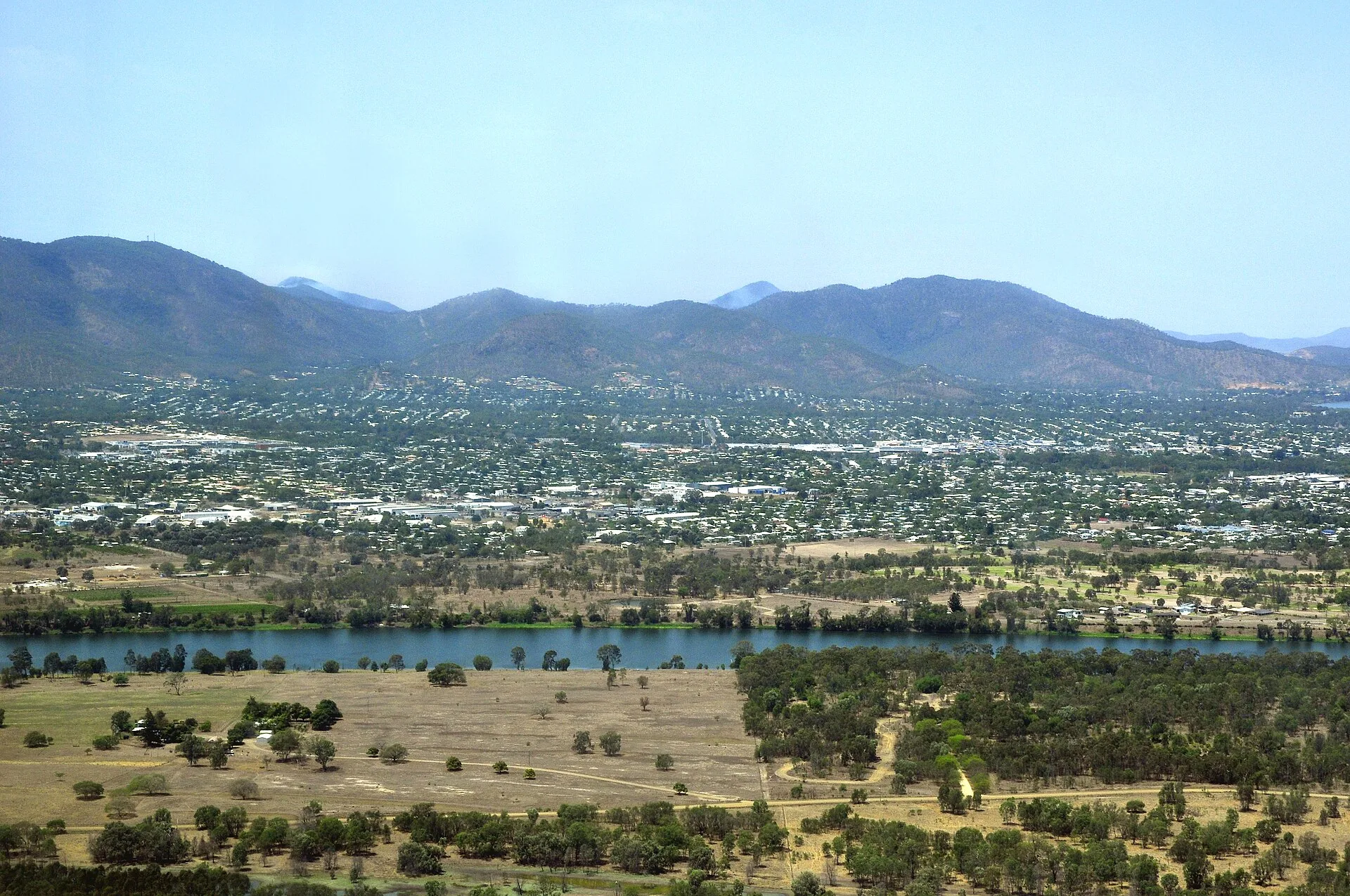 Aerial view of the town, from west. Rockhampton, Queensland, Australia