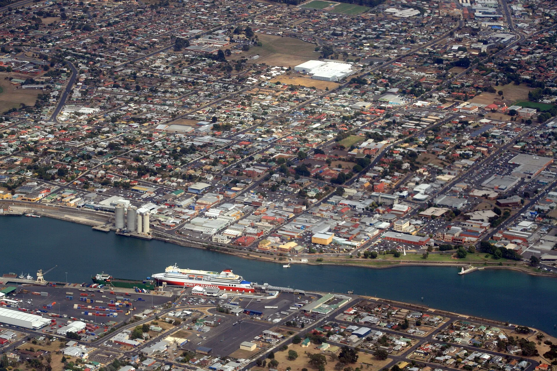 Central Devonport in Tasmania, seen from the air looking roughly South-West.