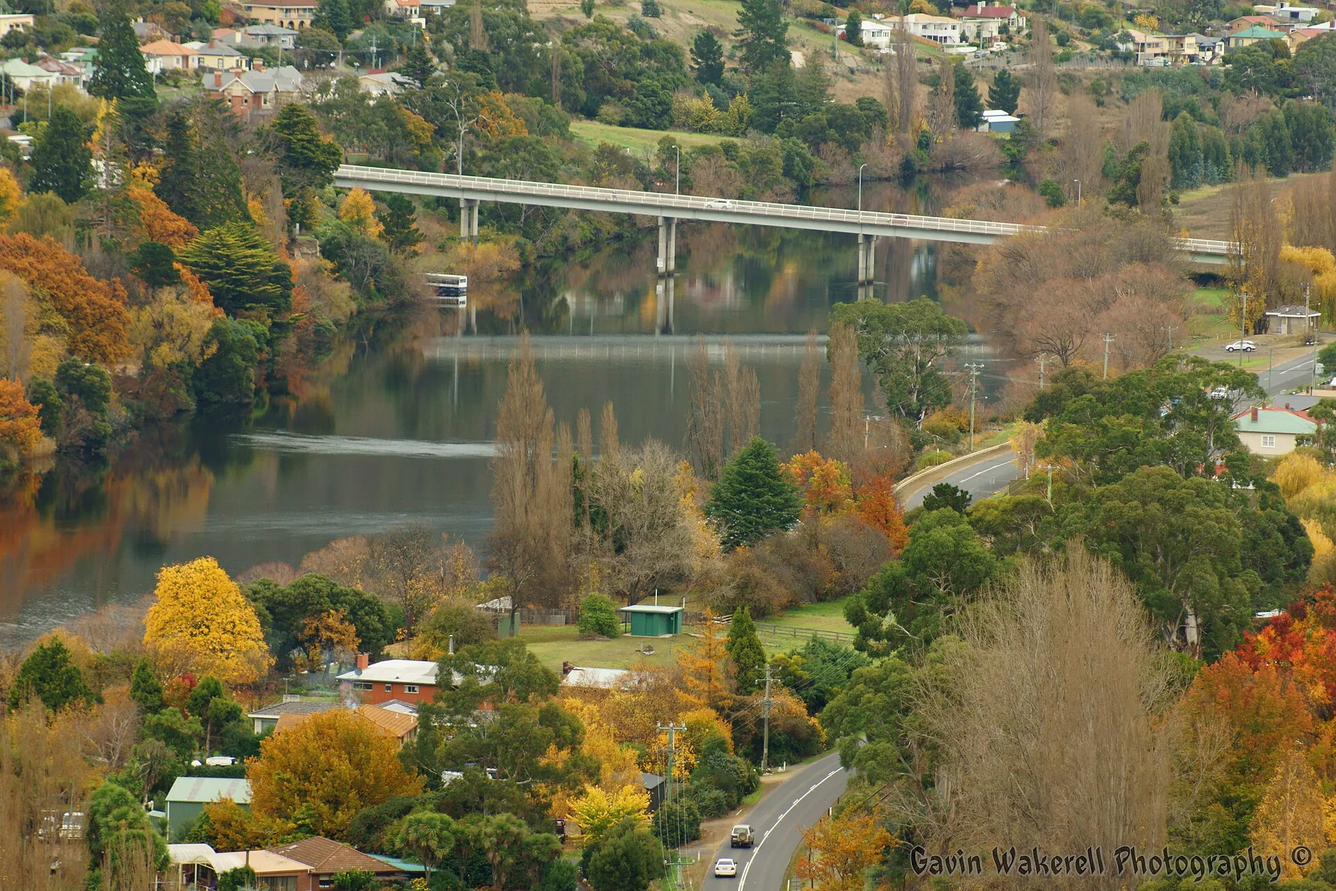 View of the New Norfolk town and bridge in Tasmania, Australia. Taken from Pulpit Rock look out.