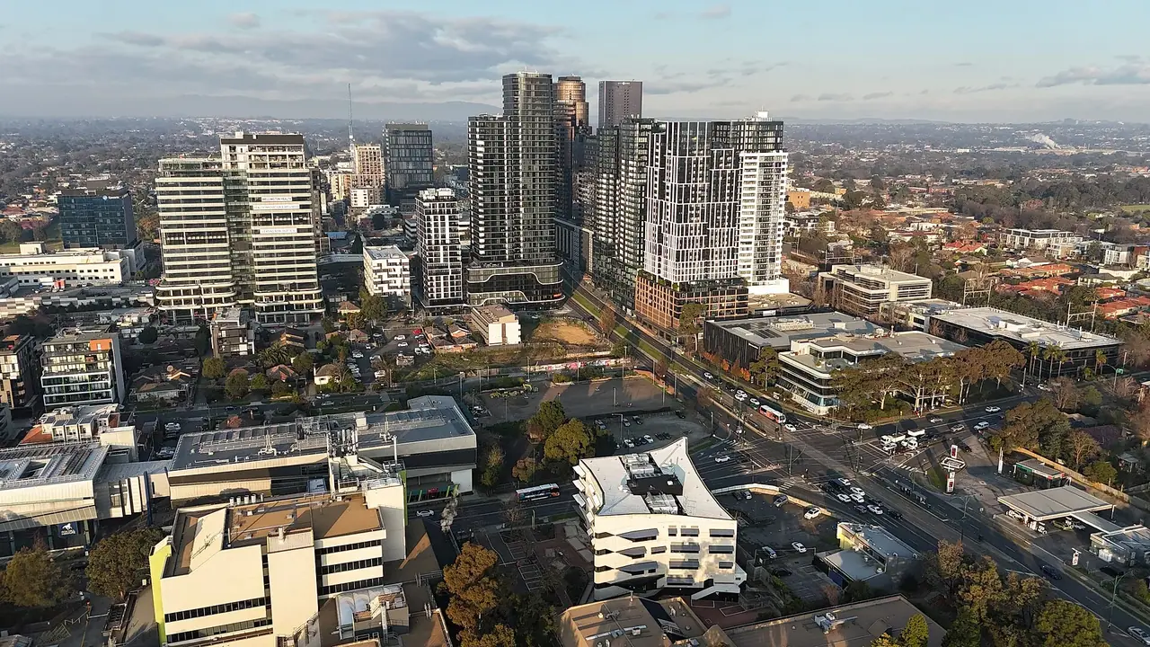 Aerial view of Box Hill CBD looking east from Kingsley Gardens in Mont Albert, Melbourne