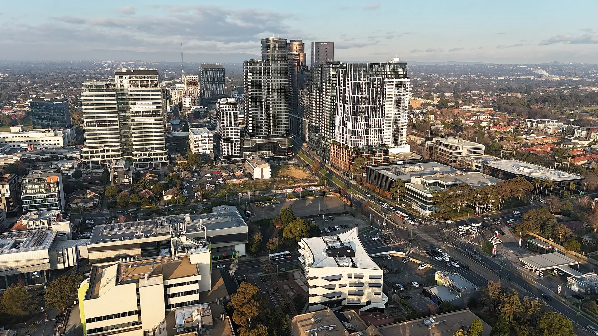 Aerial view of Box Hill CBD looking east from Kingsley Gardens in Mont Albert, Melbourne